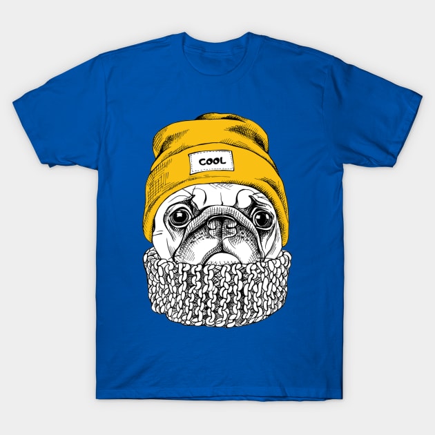 Portrait of Pug in a yellow Hipster hat and with knitted scarf T-Shirt by amramna